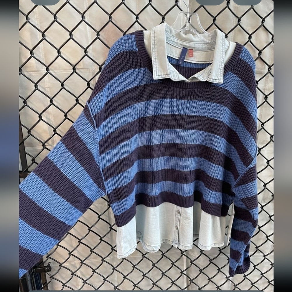 Pilcro Blue and Black Striped Sweater with denim Hem